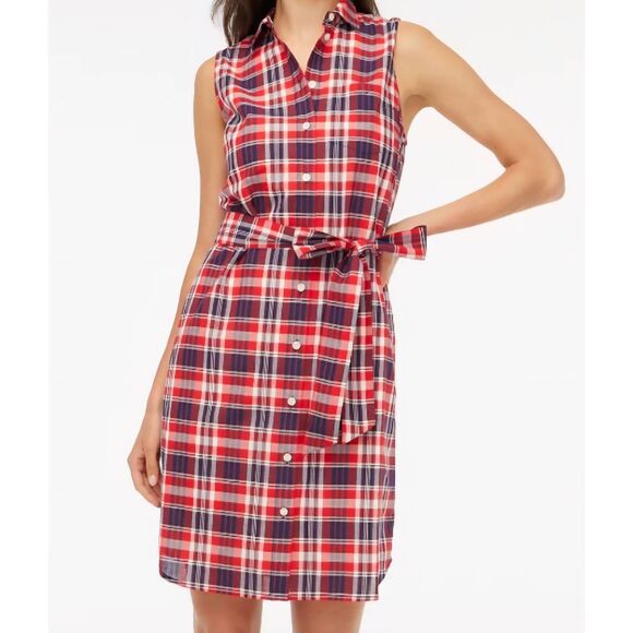 J. Crew Dress Women's 6 Red Plaid Cotton Voile Sleeveless Shirt Dress - Picture 3 of 5